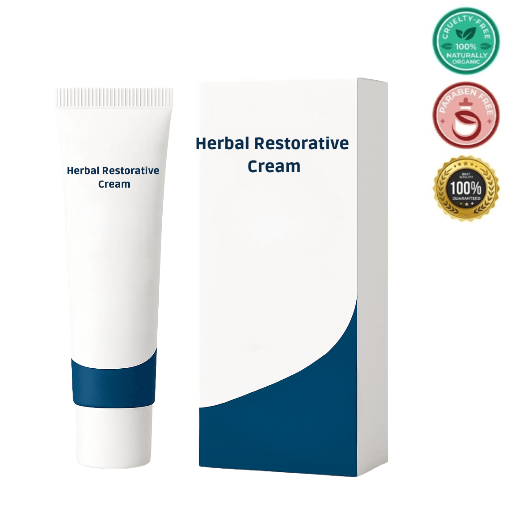 Herbal Restorative Cream tube and box with cruelty-free and paraben-free labels on a clean white background.