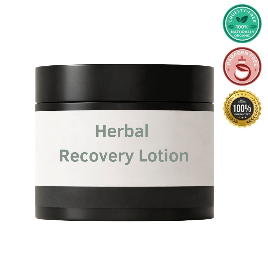 Jar of Herbal Recovery Lotion showcasing its cruelty-free and organic certification labels.