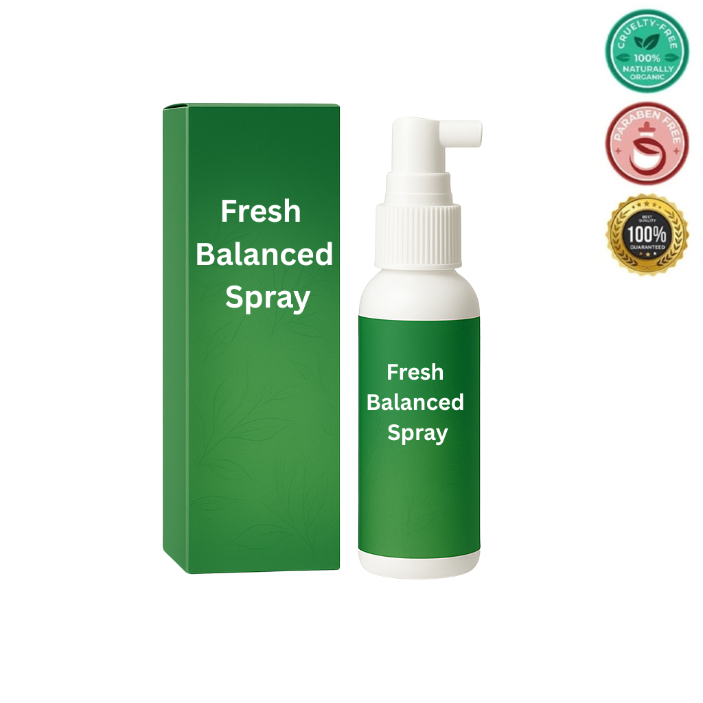 Fresh Balanced Spray bottle and box design showcasing its natural and cruelty-free benefits.