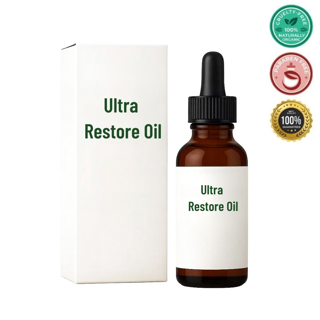 Ultra Restore Oil bottle next to its packaging, highlighting lightweight skincare benefits and clean ingredients.