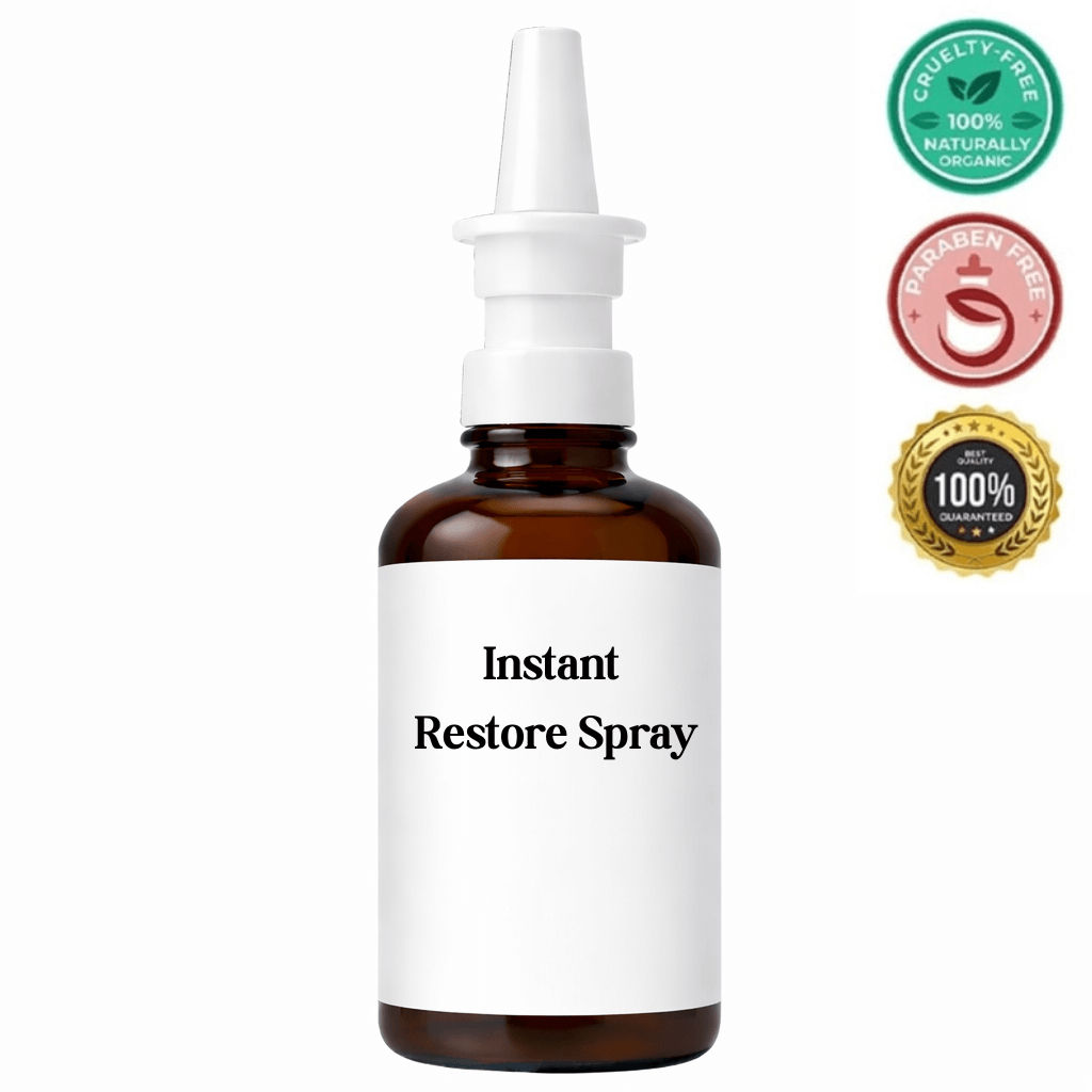 Instant Restore Spray in a brown glass bottle with a spray nozzle, labeled for freshness and skin rejuvenation.