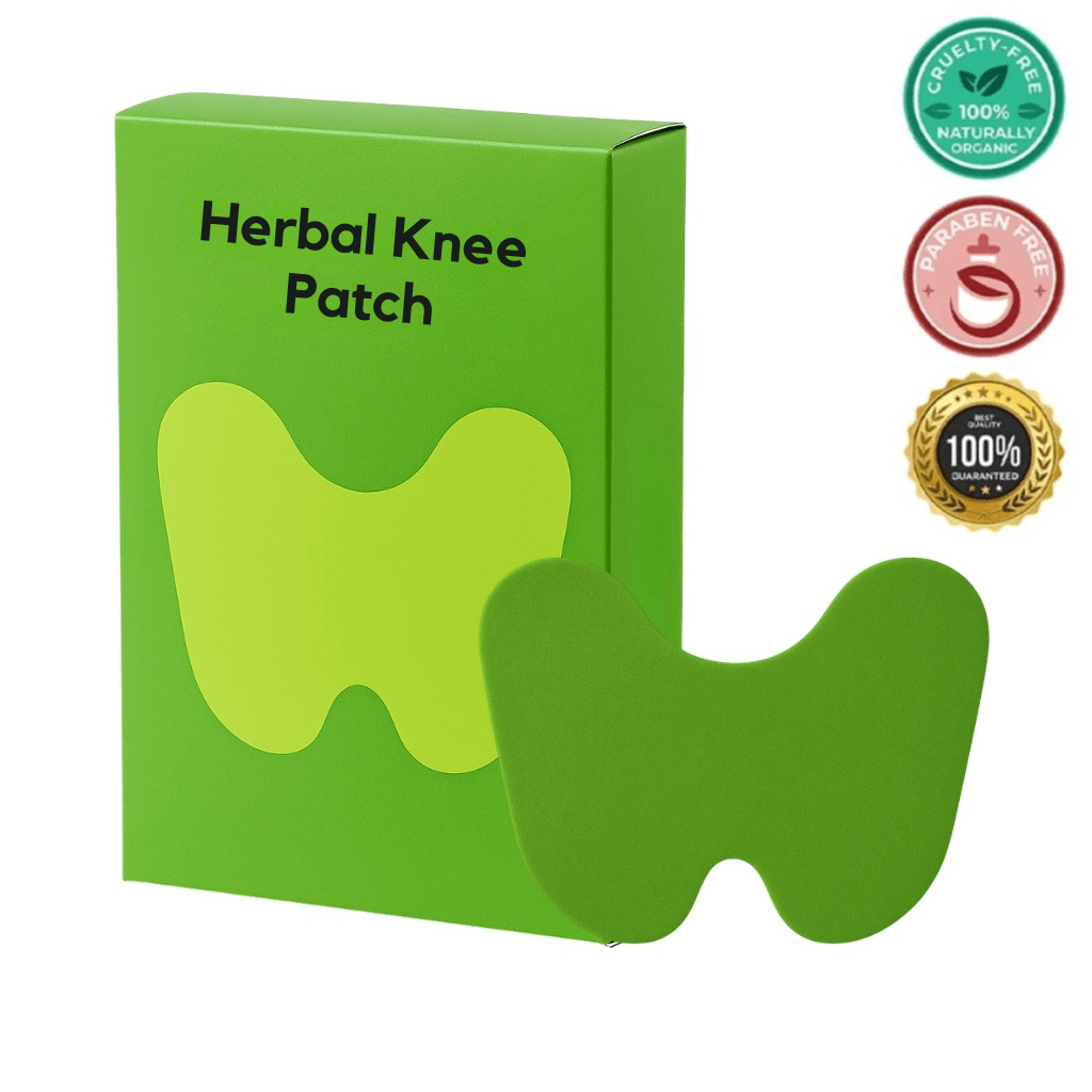 Herbal Knee Patch product packaging and patch, highlighting its cruelty-free and organic features.