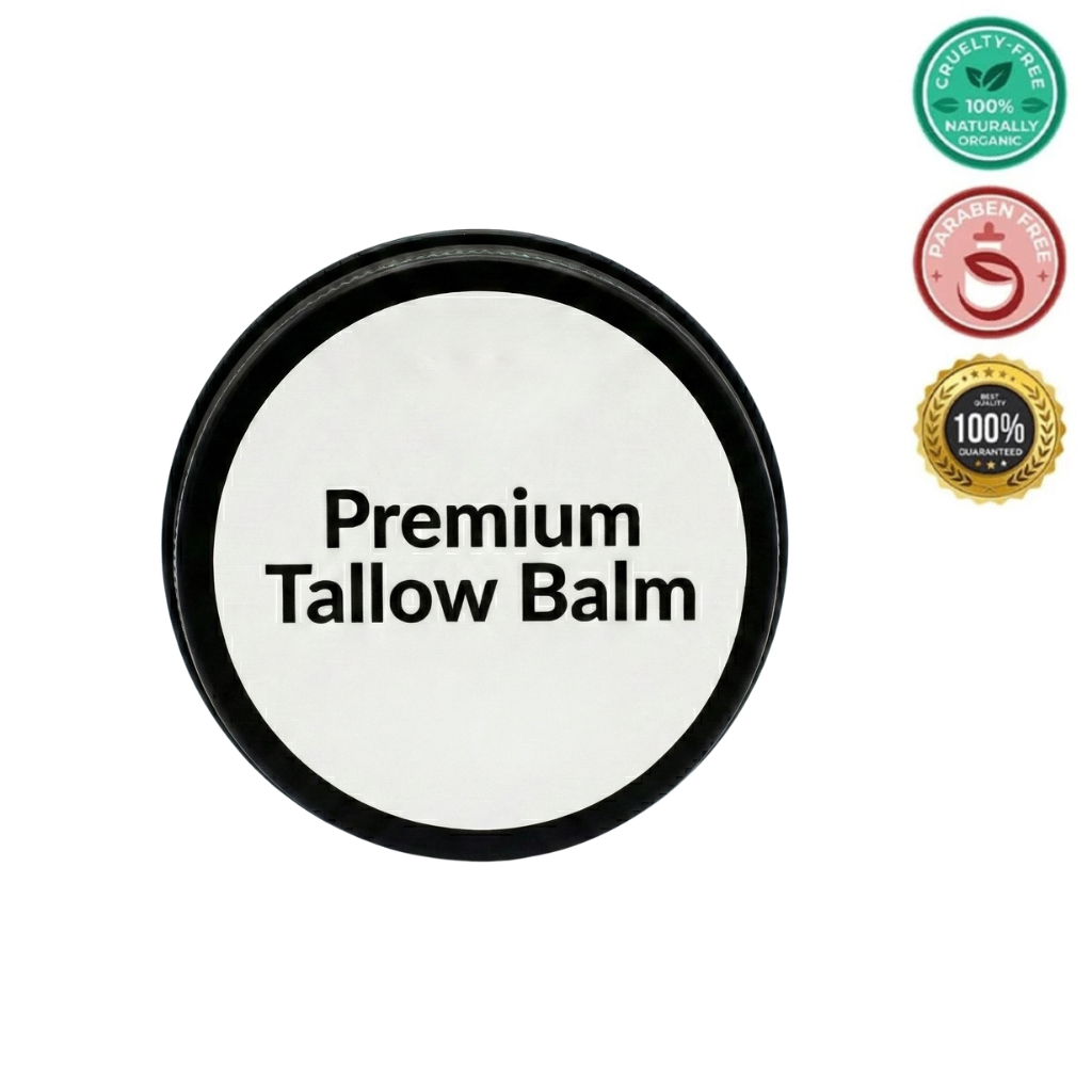 Premium Tallow Balm in a black container with various product quality seals.