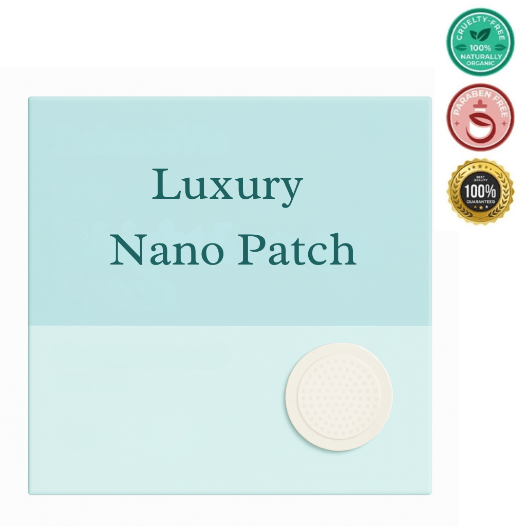 Luxury Nano Patch skincare product packaging with labels for 100% natural and cruelty-free.