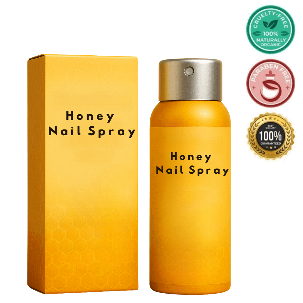 Honey Nail Spray bottle and box, featuring cruelty-free, naturally organic, and paraben-free labels.