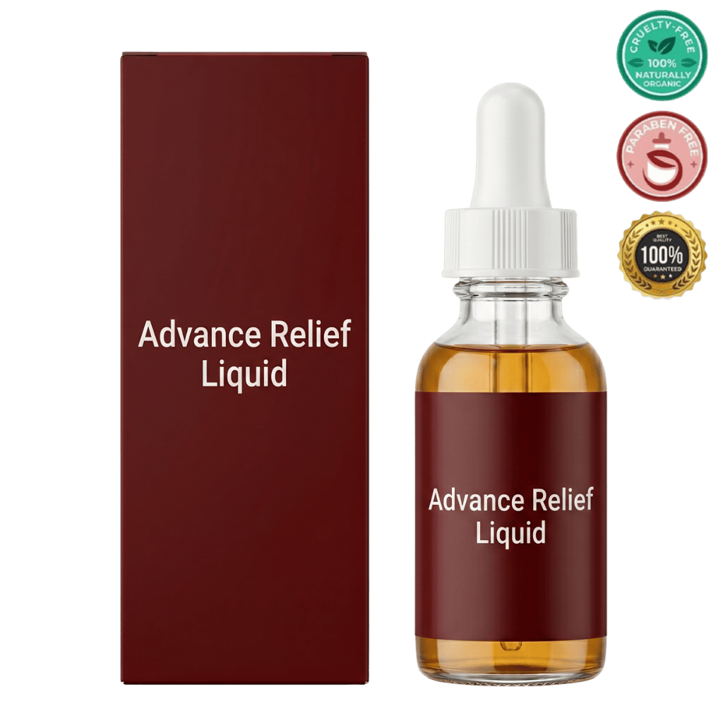 Advance Relief Liquid packaging and dropper bottle with cruelty-free and natural product seals.