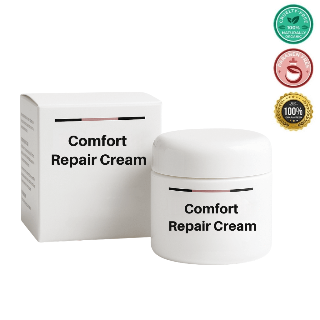 Comfort Repair Cream in a jar next to its packaging, showcasing its lightweight and fast-absorbing formula.