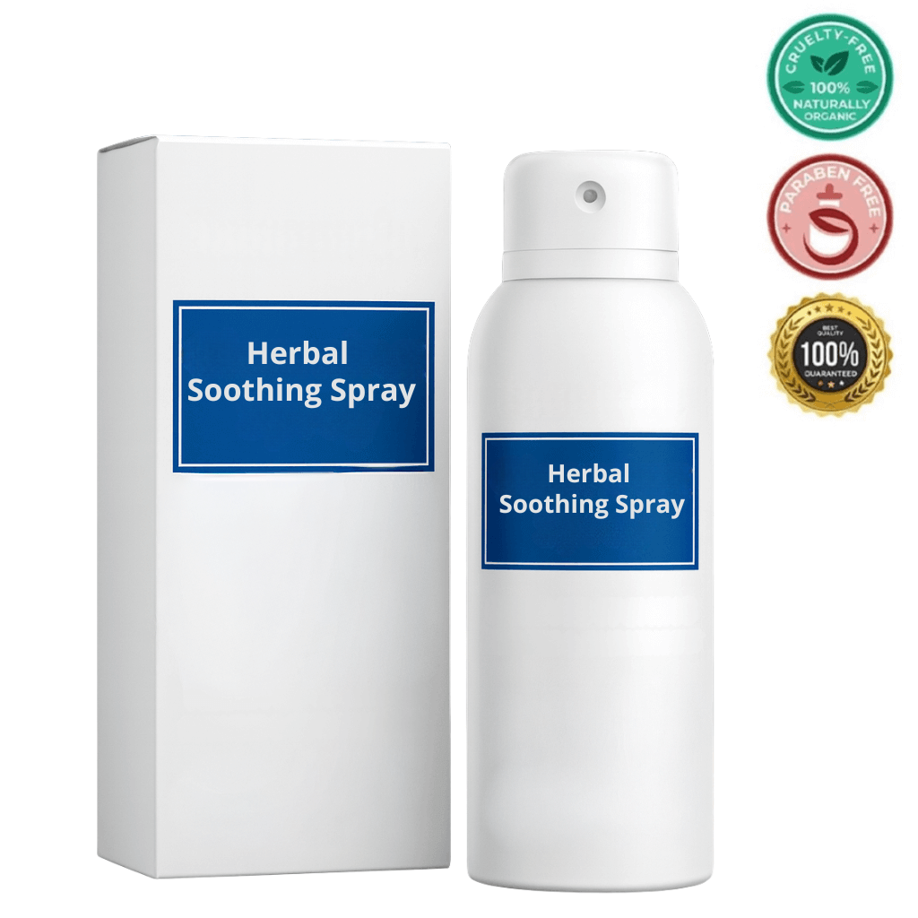Herbal Soothing Spray product image showcasing the bottle and packaging with cruelty-free and paraben-free labels.