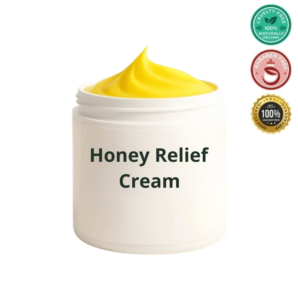 Honey Relief Cream in a white jar with a smooth yellow cream texture, perfect for skincare routines.