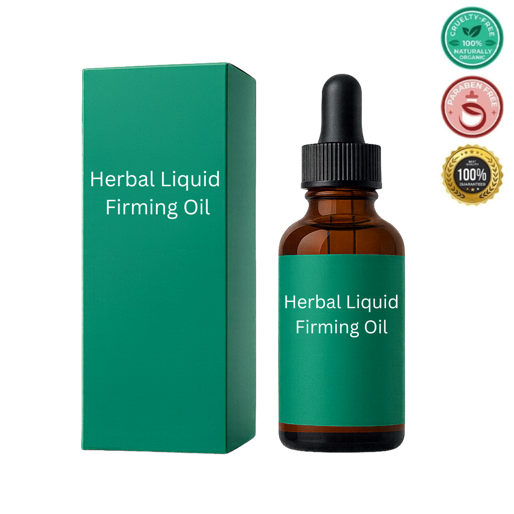 Herbal Liquid Firming Oil product image showcasing the bottle and box design with green packaging.