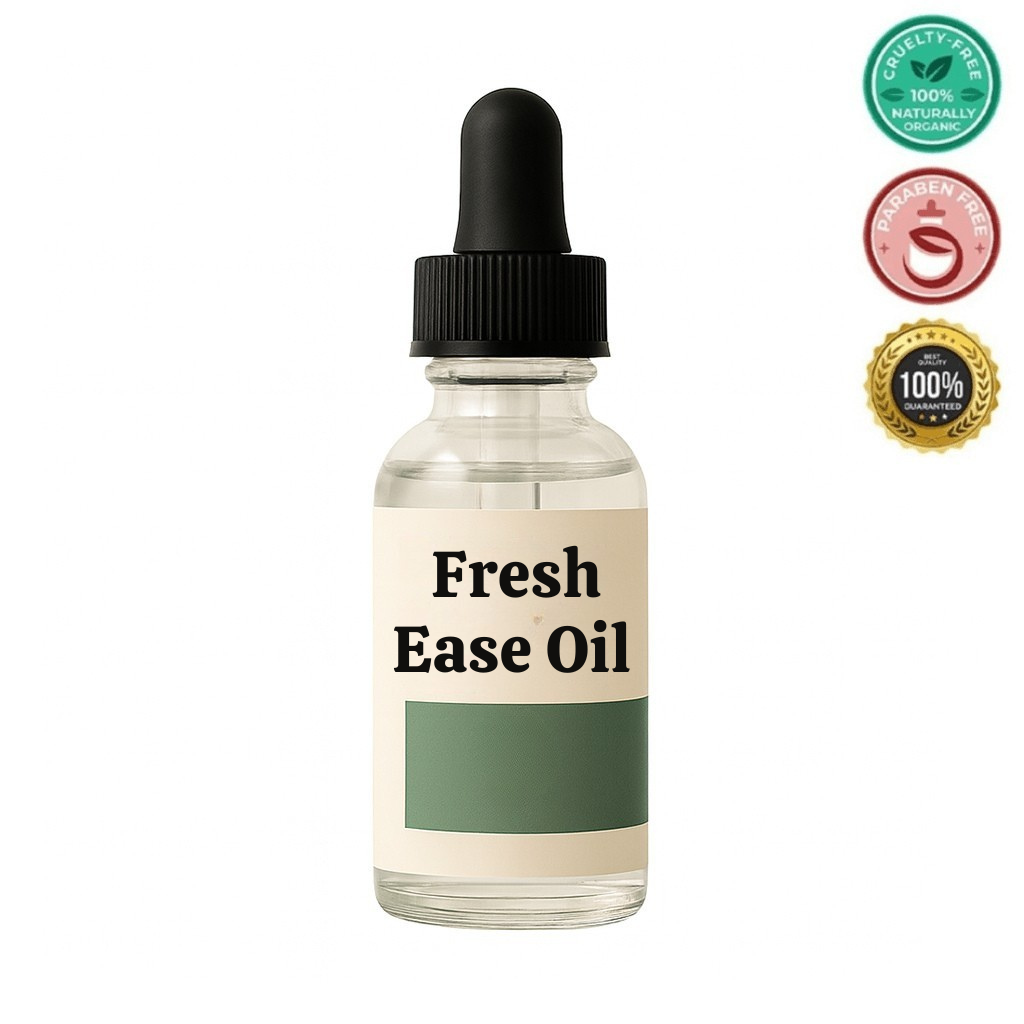 Fresh Ease Oil bottle with dropper, emphasizing a simple beauty care product for fresh, clean-looking skin.