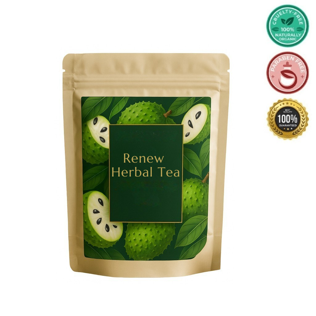Renew Herbal Tea packaged in a resealable bag with a vibrant green design featuring leaves and fruit.