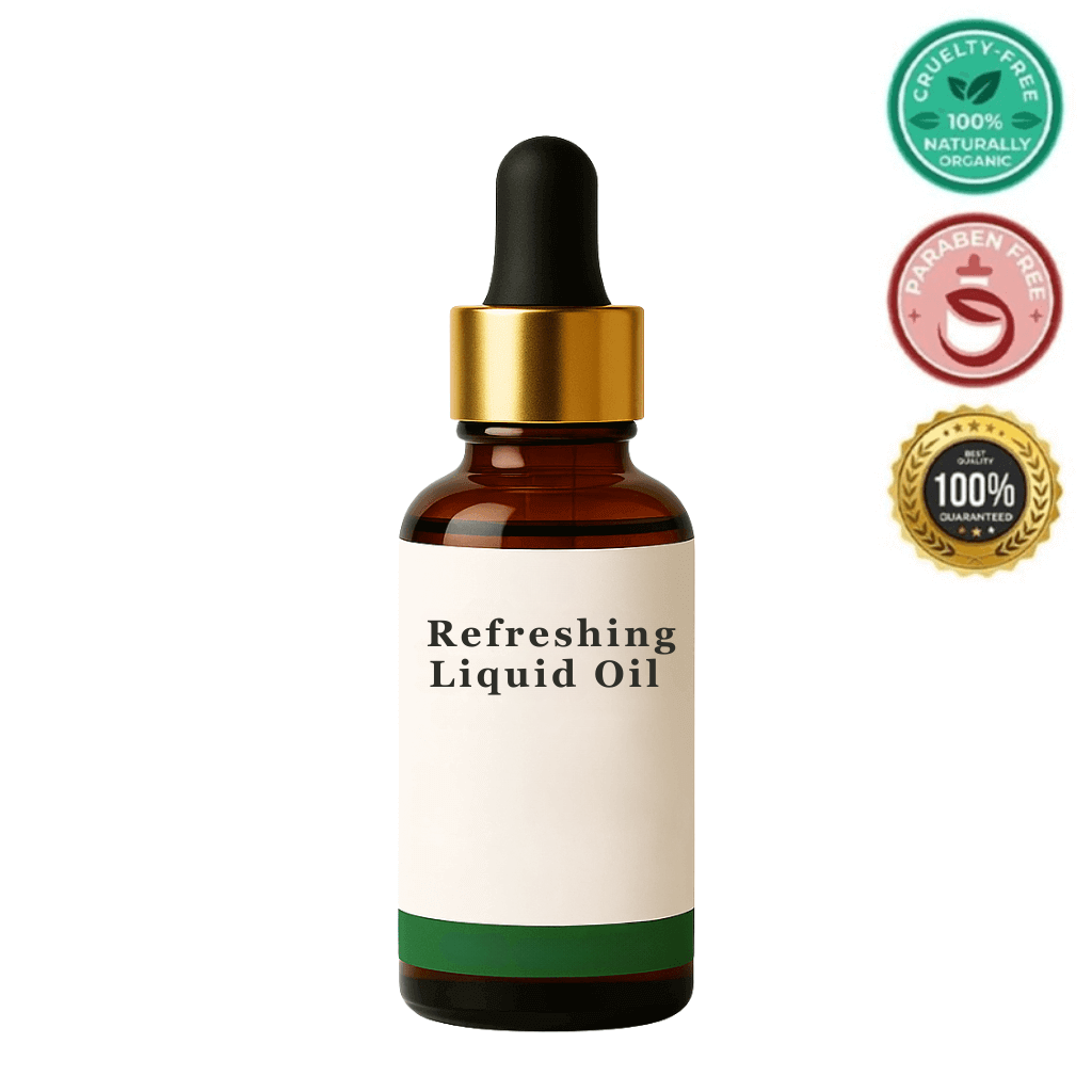 Bottle of Refreshing Liquid Oil with dropper, showcasing its beauty-focused skincare benefits.