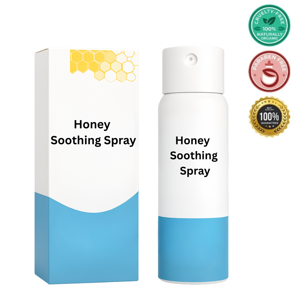 Honey Soothing Spray packaging and spray bottle with organic labels and benefits.