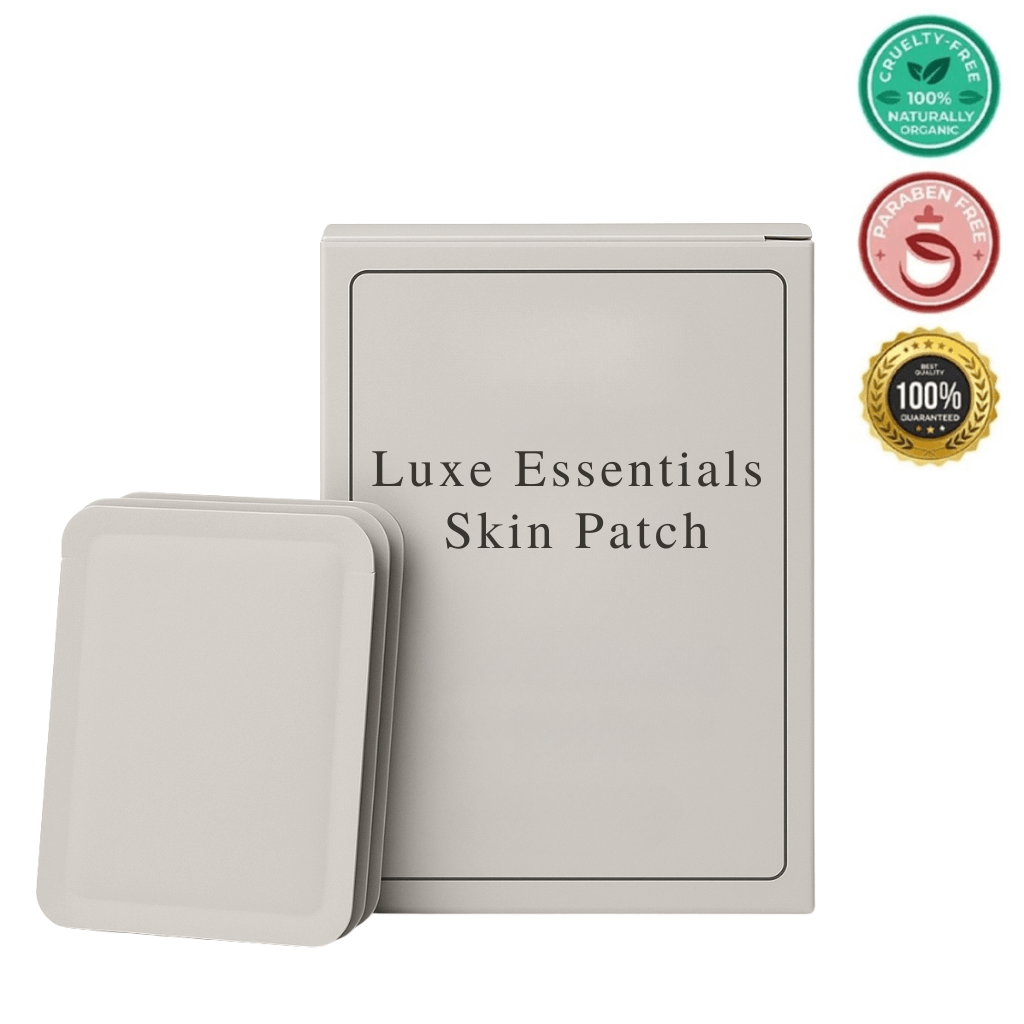Luxe Essentials Skin Patch packaging and patch, cruelty-free and paraben-free skincare solution for refined appearance.