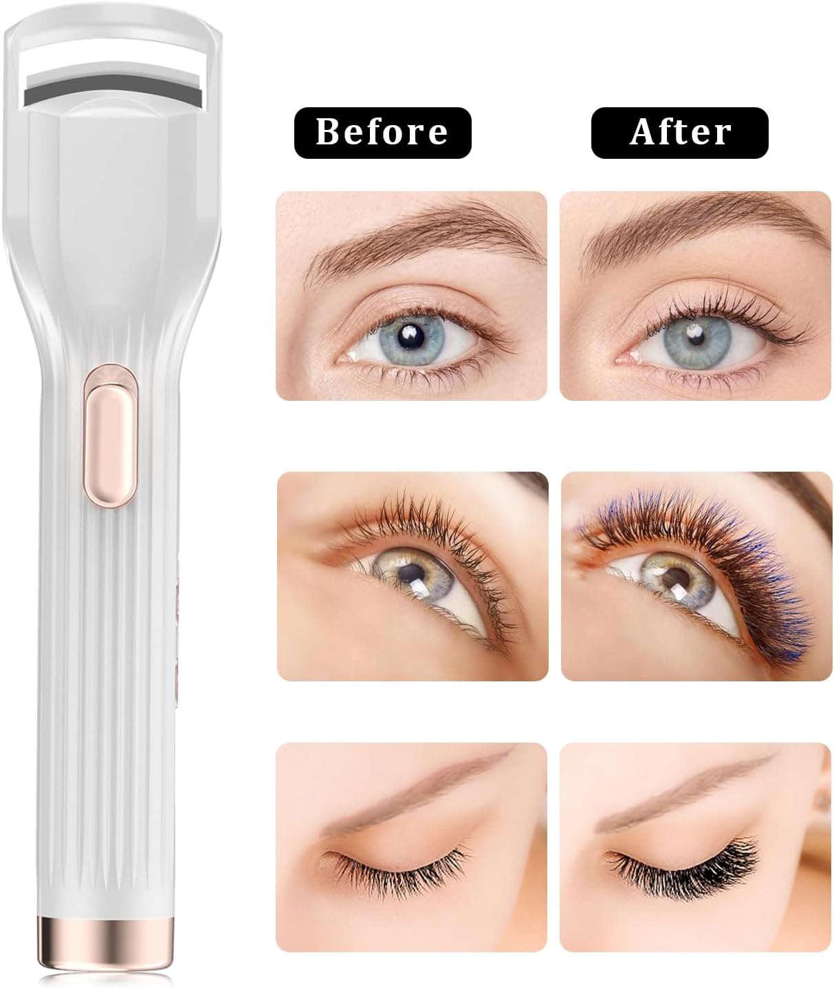 Zentheca Heated Eyelash Curler PRO before and after results showing eyelash lift and curling effects.