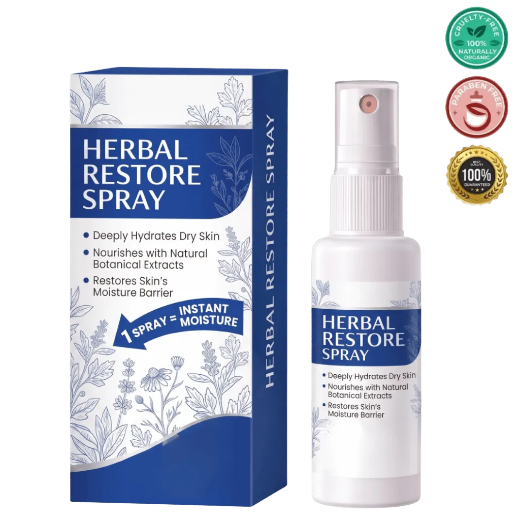 Herbal Restore Spray bottle and packaging for nourishing and hydrating skincare routine.