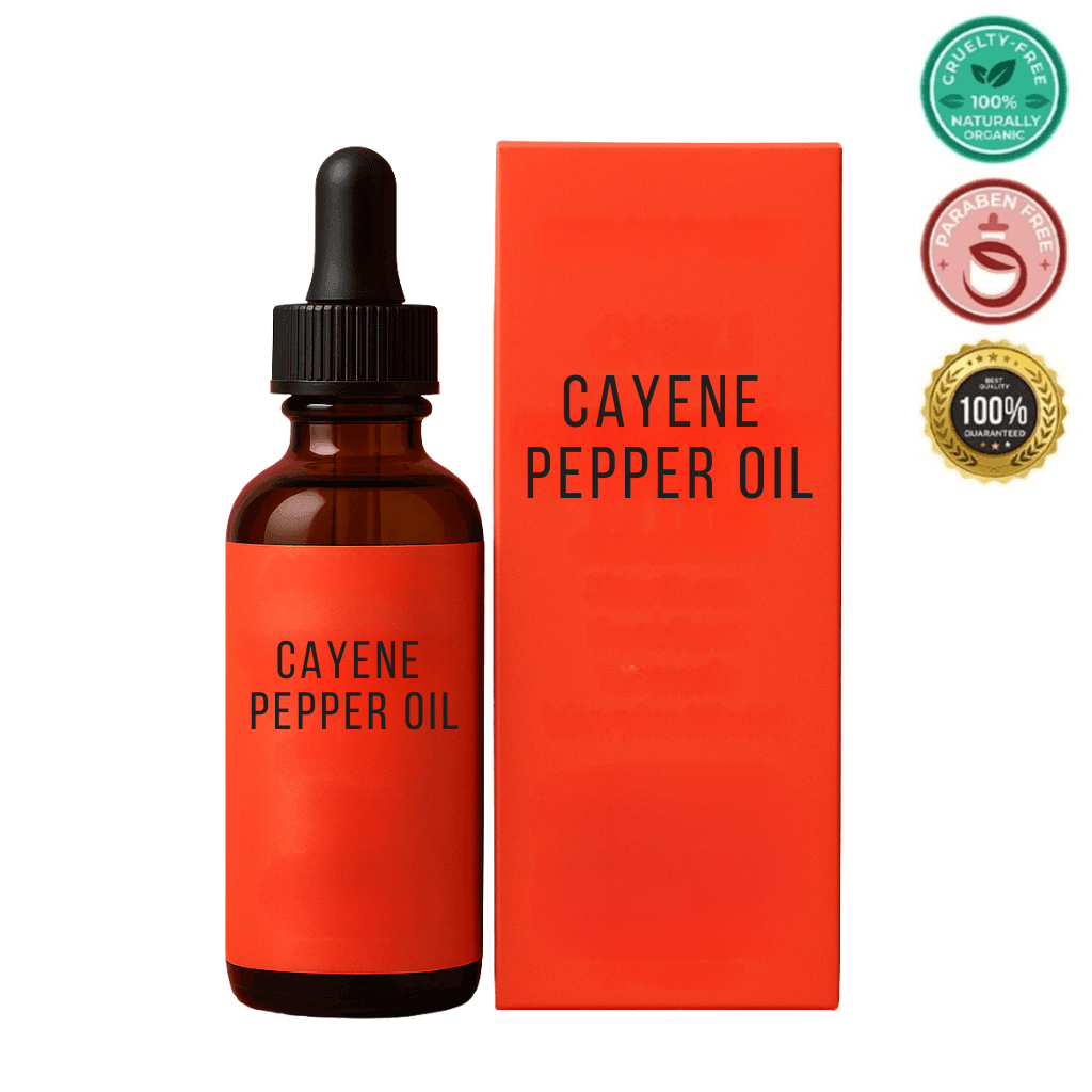 Cayene Pepper Oil bottle and packaging showcasing skin care benefits and cruelty-free certifications.