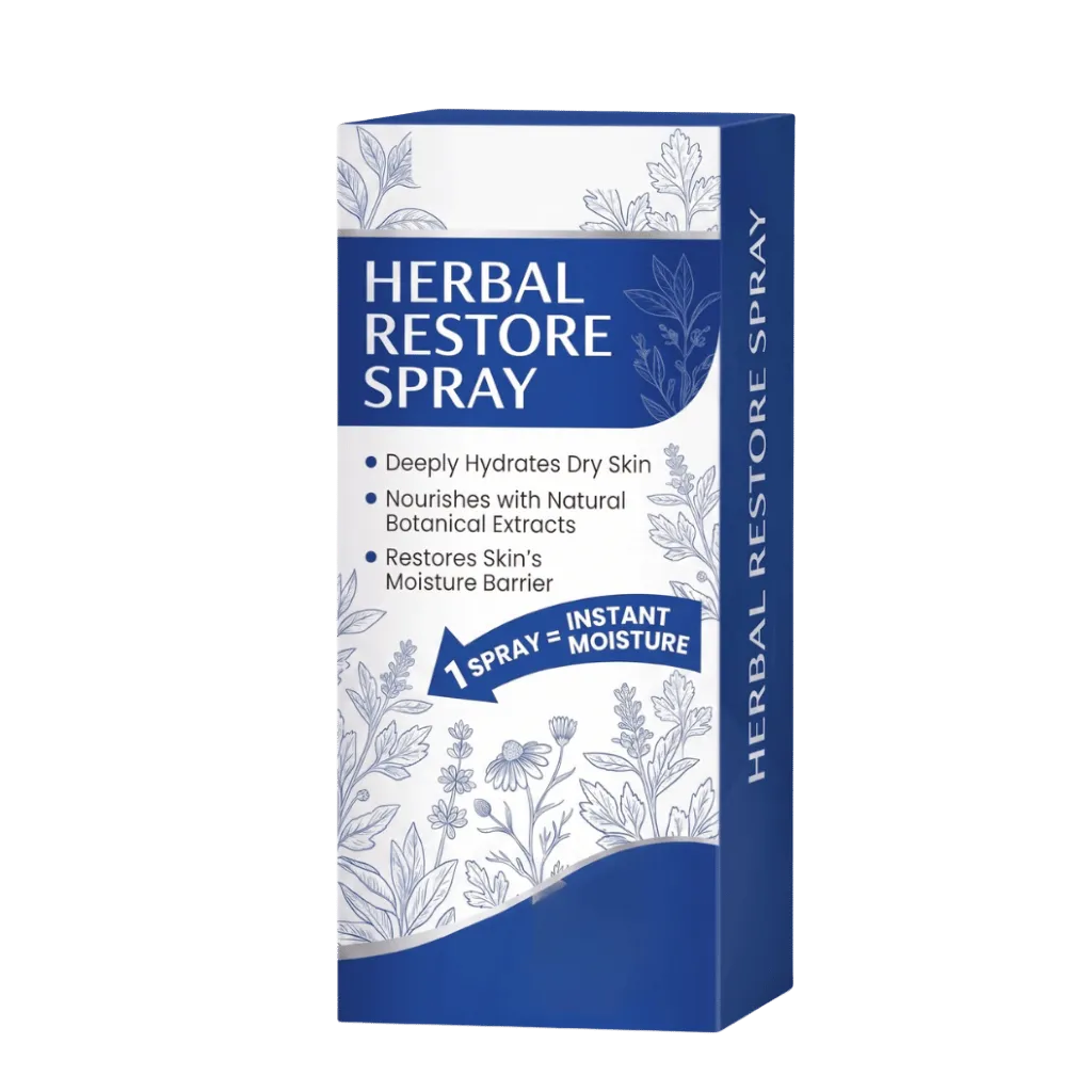 Herbal Restore Spray box designed to deeply hydrate dry skin and nourish with natural botanical extracts.