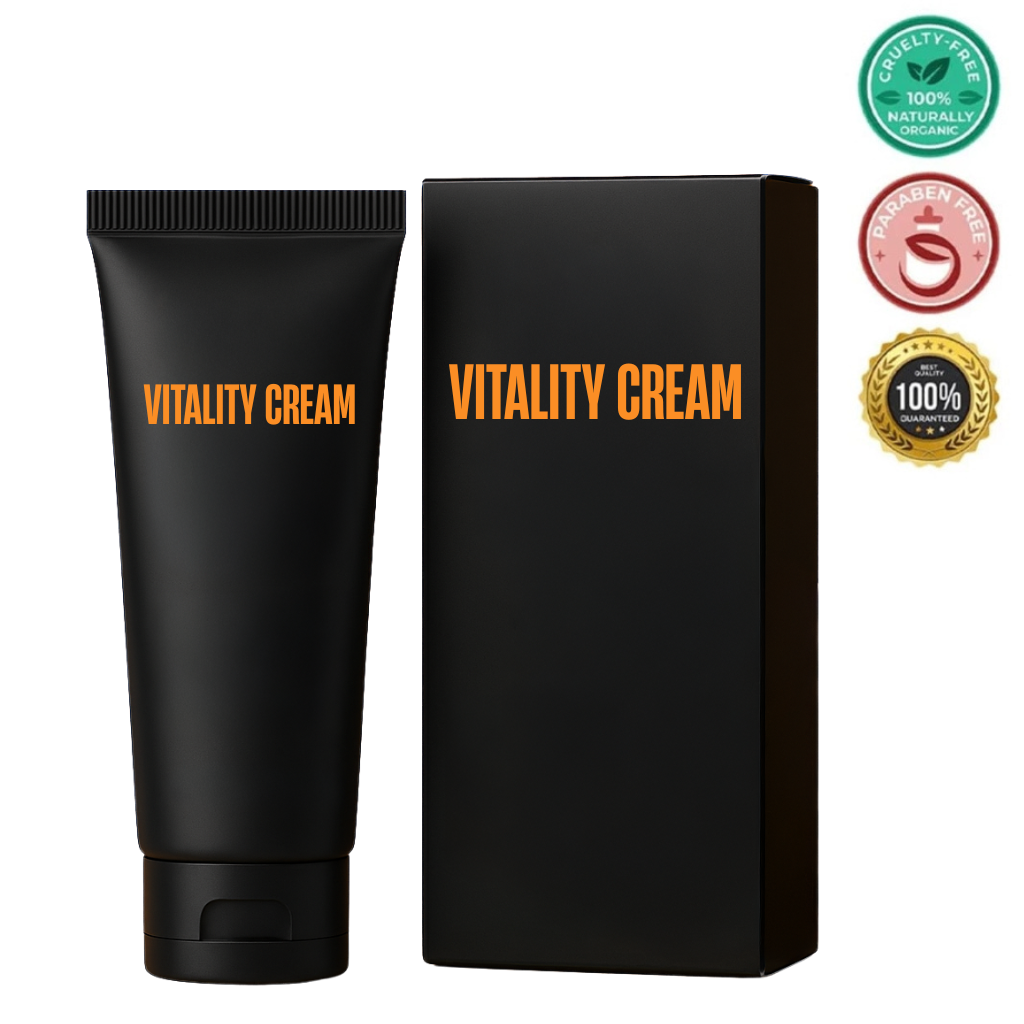 Vitality Cream packaging and tube showcasing its benefits for smoother, more even skin appearance.
