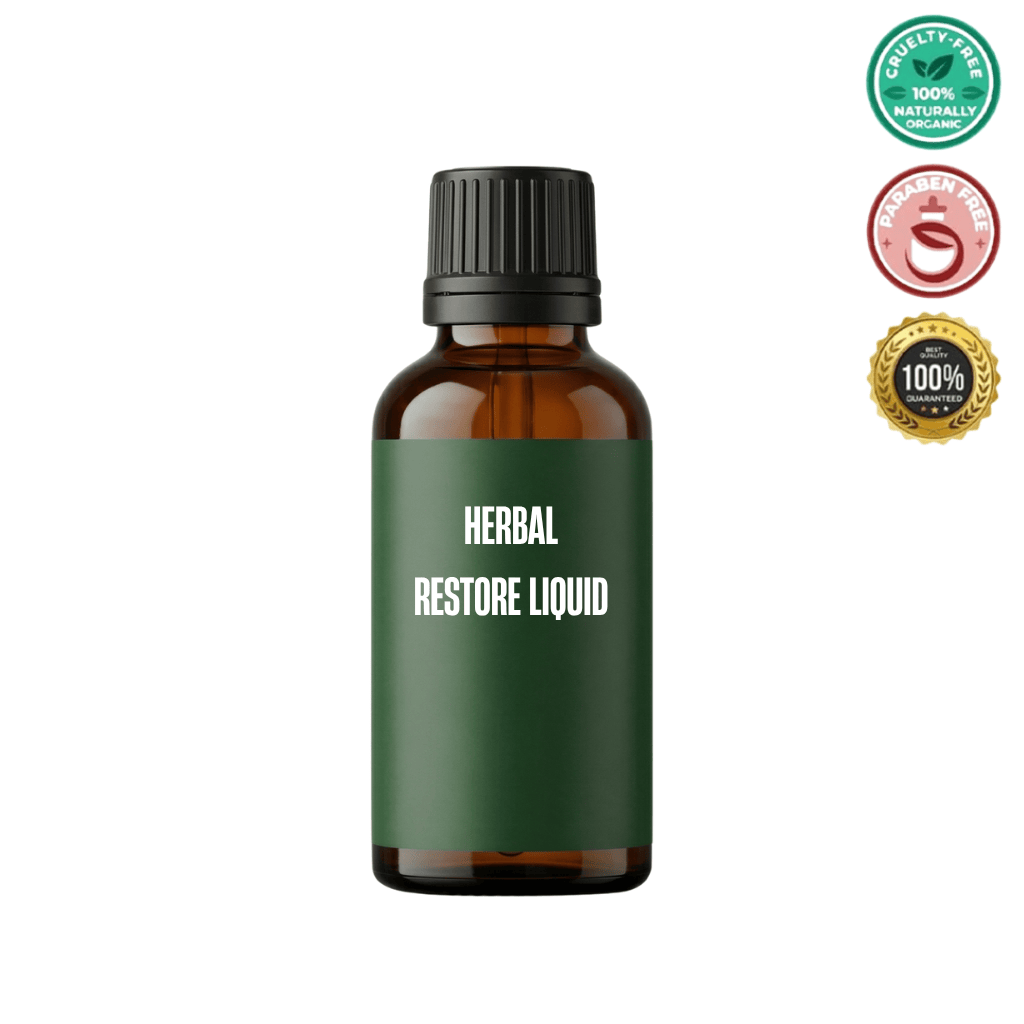 Bottle of Herbal Restore Liquid for beauty wellness and skin support, featuring cruelty-free and natural certifications.