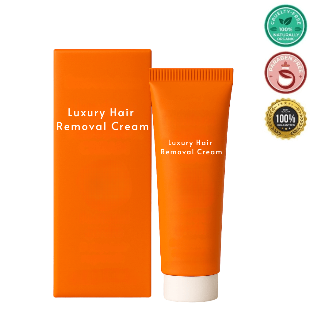 Luxury Hair Removal Cream in orange packaging, featuring cruelty-free and paraben-free labels.