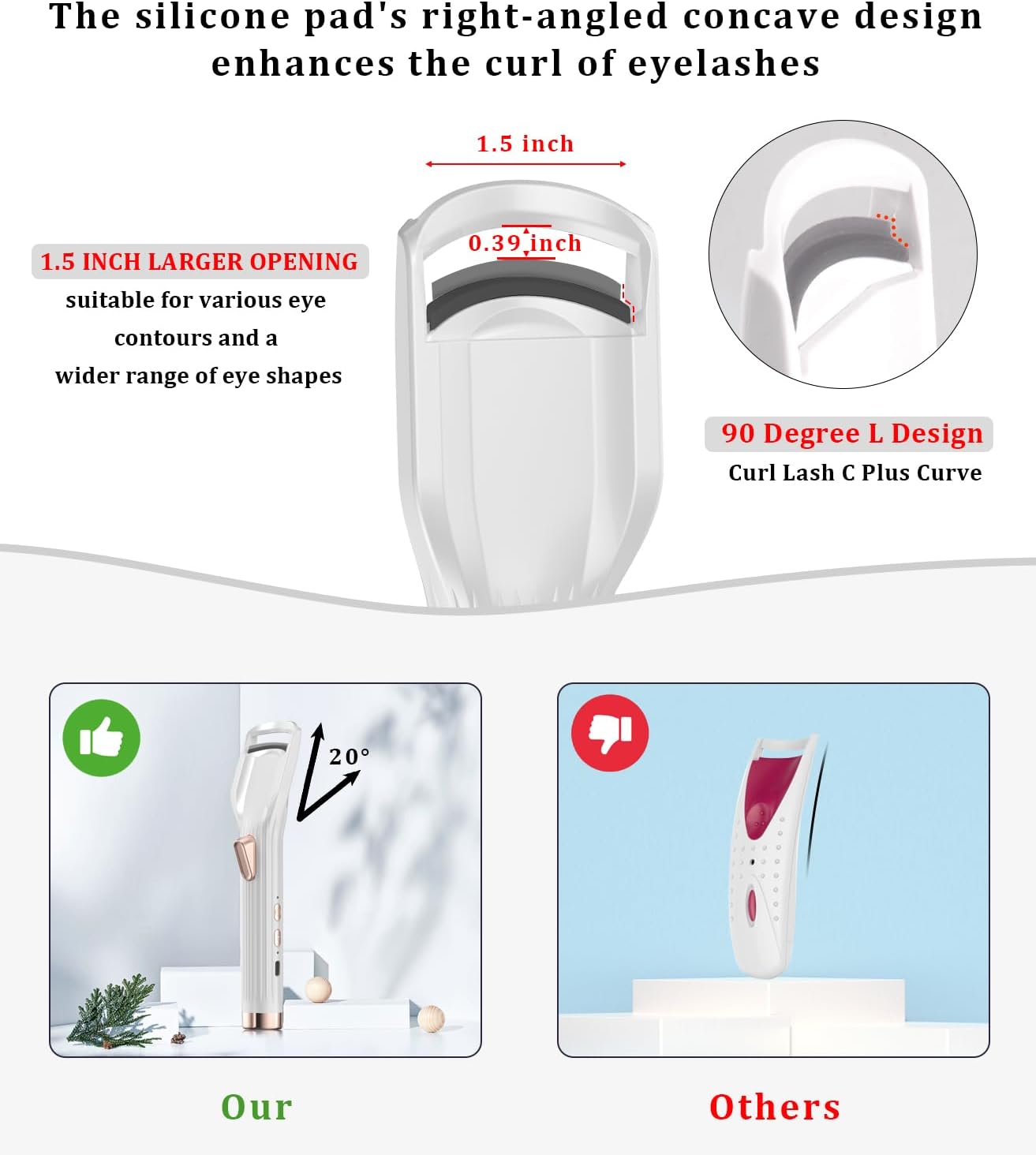 Image showing the Zentheca Heated Eyelash Curler PRO with a silicone pad's design details and features for enhanced curling.