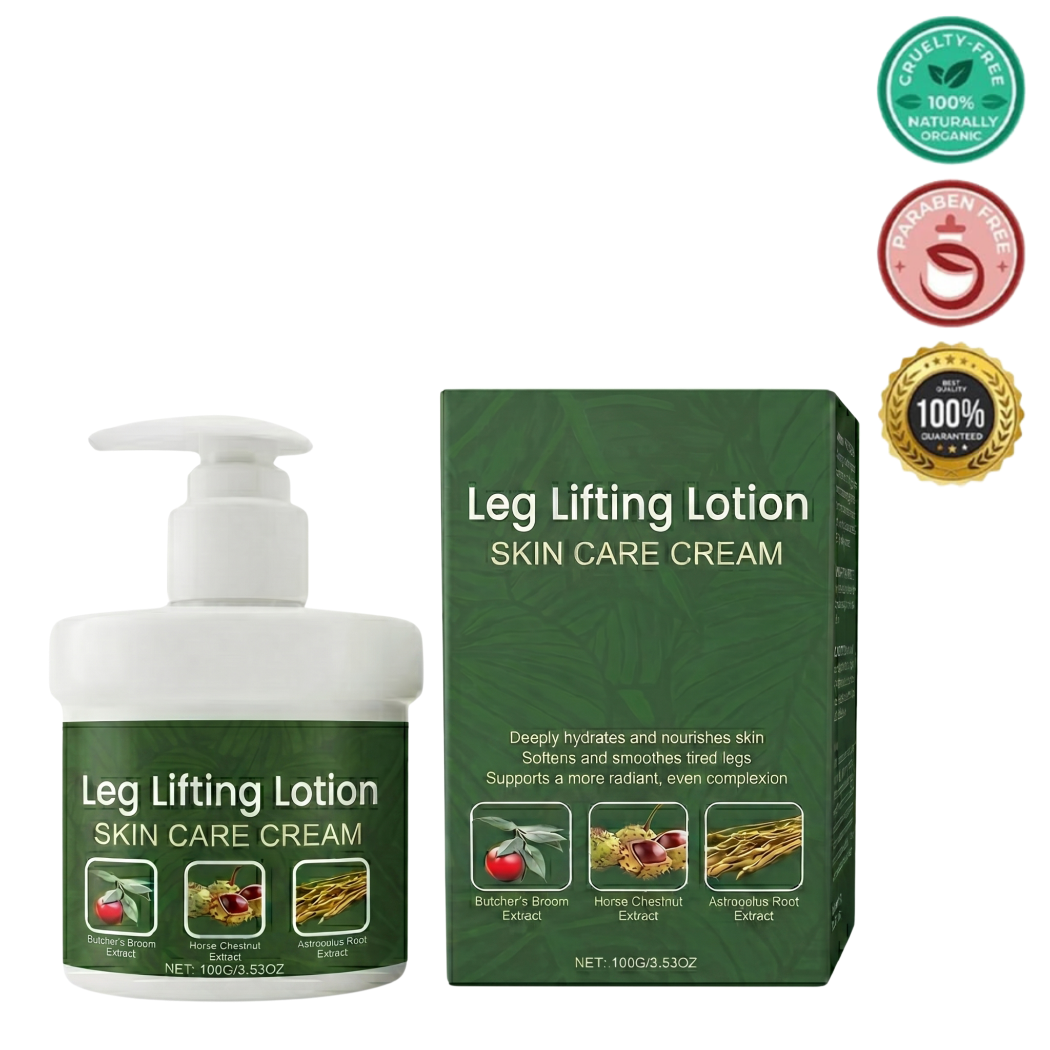 Leg Lifting Lotion in a pump bottle alongside its packaging, emphasizing skin care benefits and a polished finish.