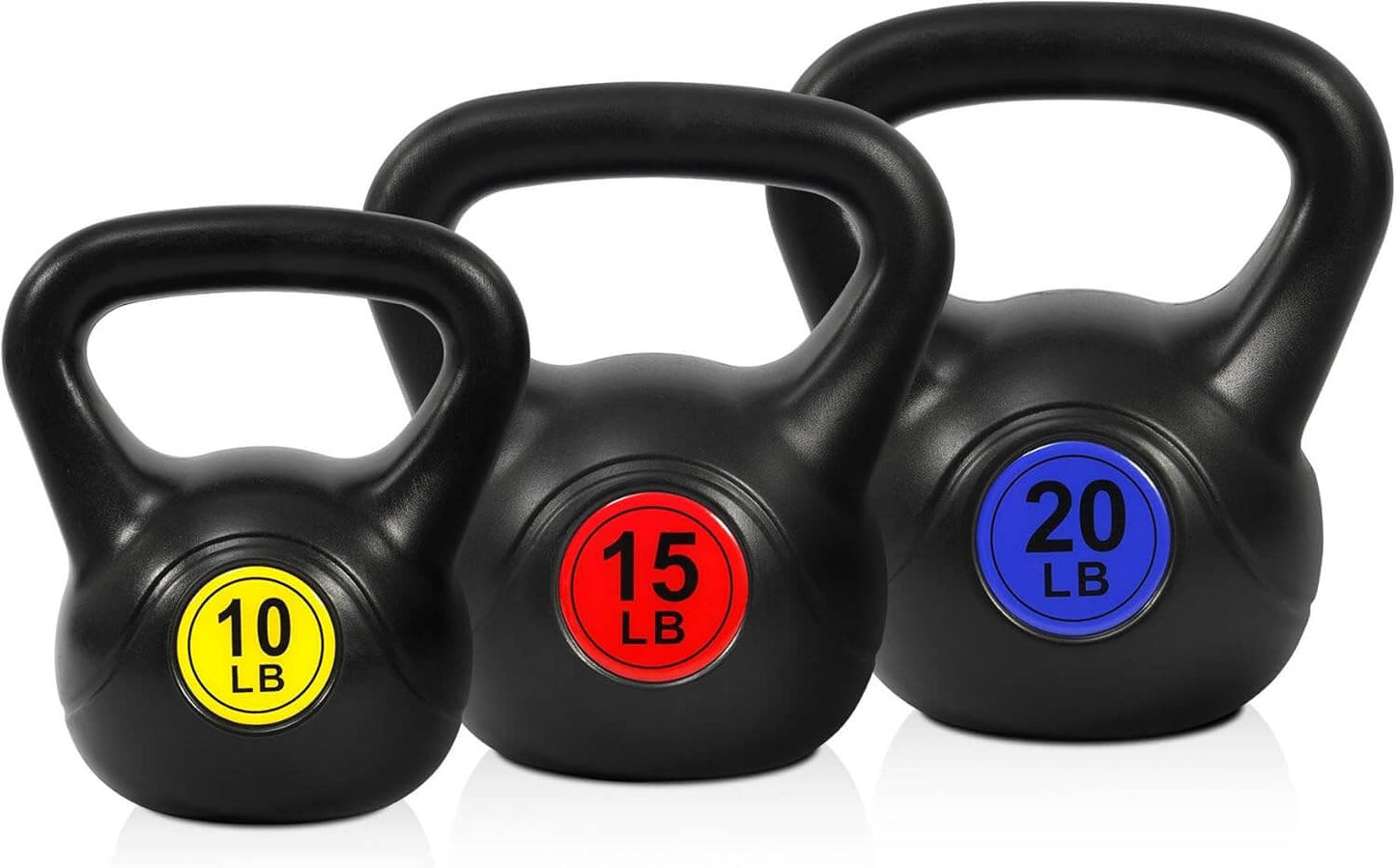 Zentheca PowerBell™ kettlebells in three weights: 10 lb, 15 lb, and 20 lb, showcasing durable design for workouts.