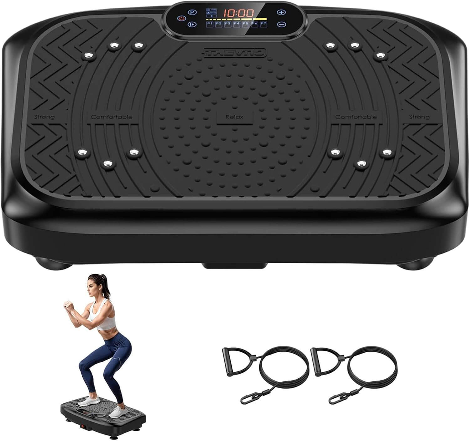 Zentheca VibraLuxe™ full-body vibration platform for muscle toning and recovery with remote and resistance bands.