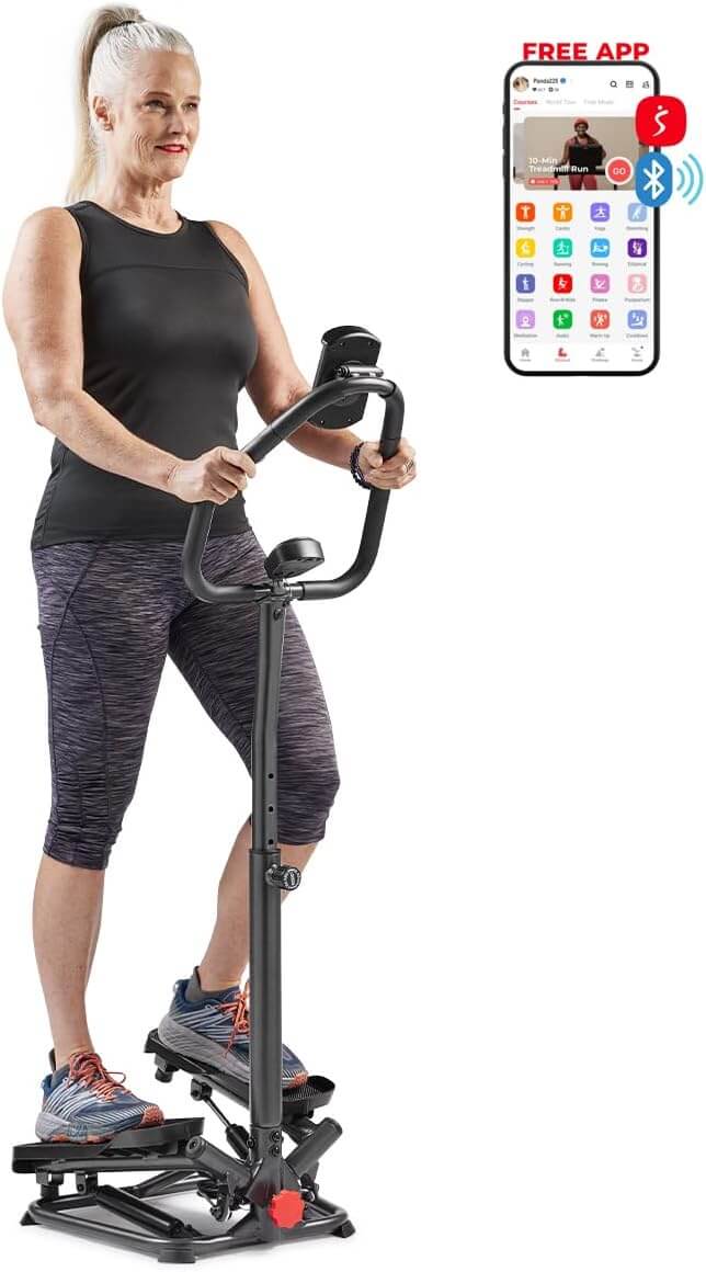 Senior woman using a fitness machine with a free app for tracking workouts and Bluetooth connectivity.