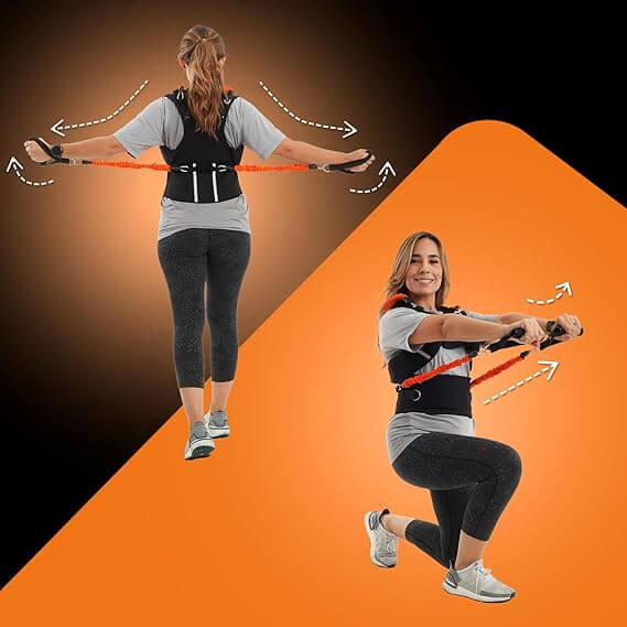 Woman using the Zentheca PostureTrainer™ with resistance bands for improved posture and upper body strength.