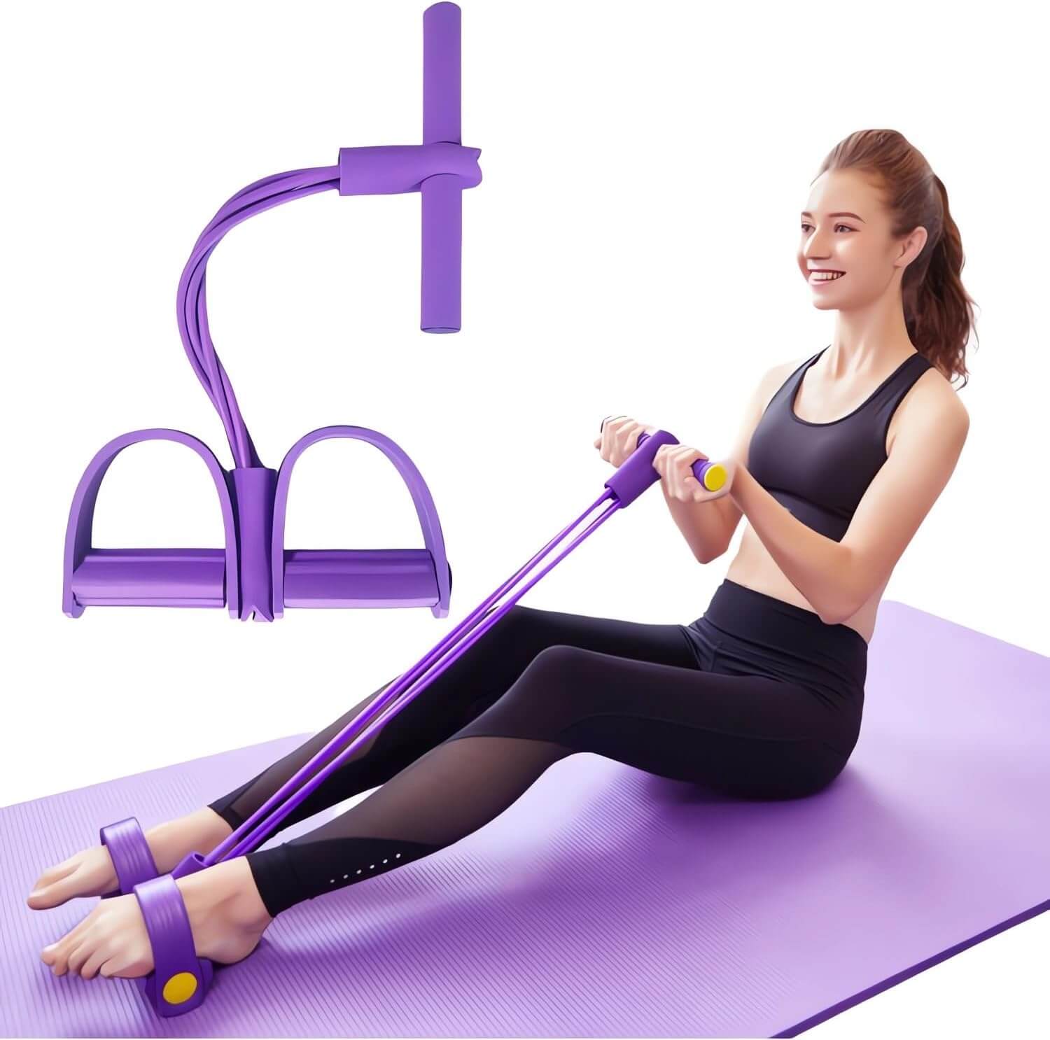 Woman using the Zentheca FlexBand™ Set for full-body toning on a purple mat.