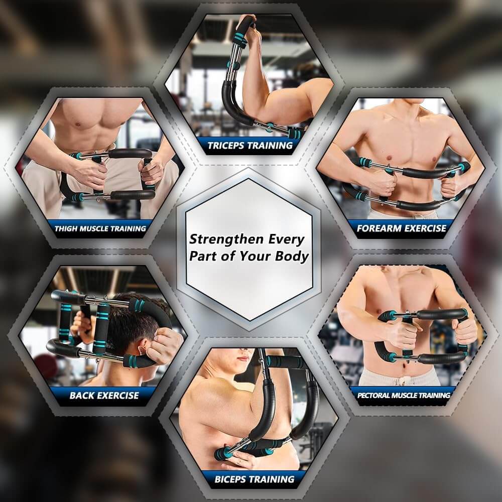 Zentheca CoreFlex™ image showcasing exercises for triceps, biceps, forearms, and more for full upper-body strength.