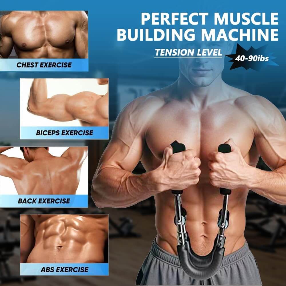Zentheca CoreFlex™ in use for chest, biceps, back, and abs exercises with customizable tension levels.