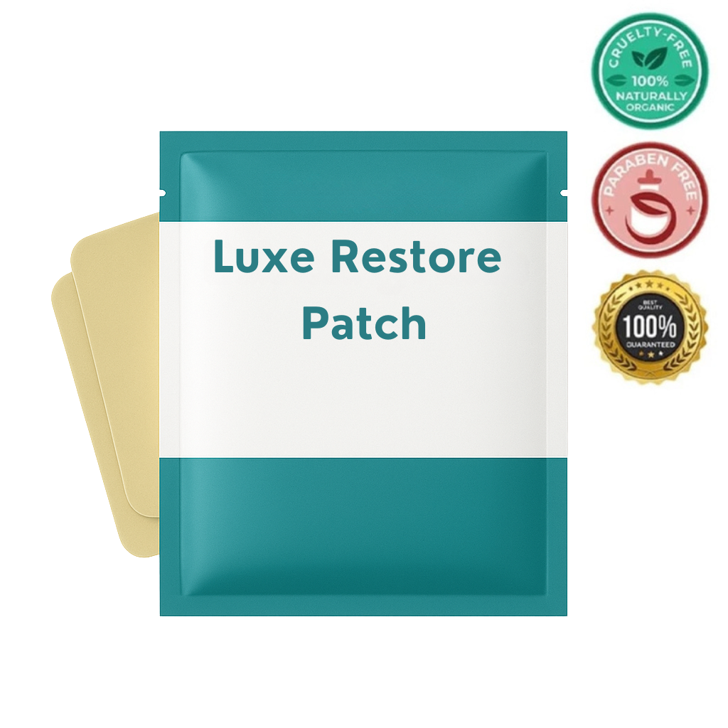 Luxe Restore Patch packaging showcasing a clean, cruelty-free, and paraben-free skin patch for daily beauty routines.