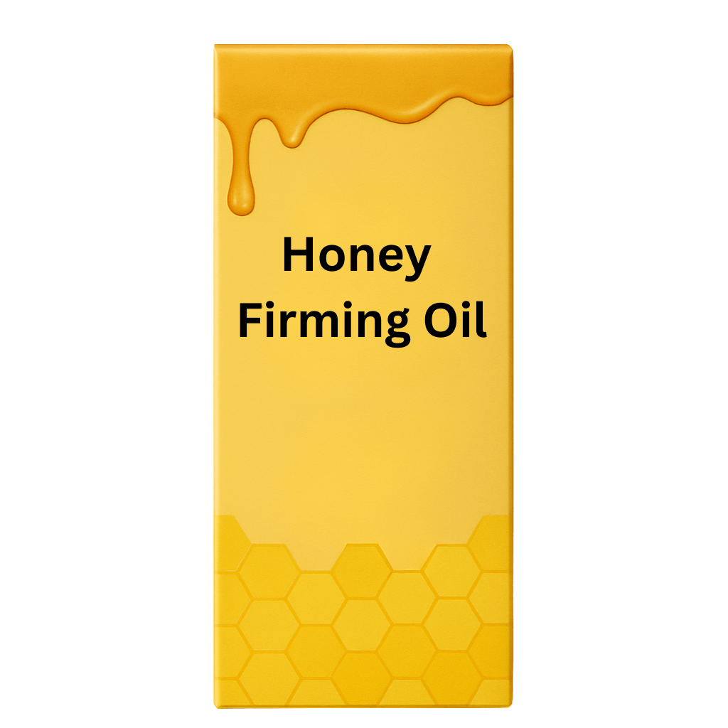 Honey Firming Oil packaging with honey drip design on a bright yellow background.