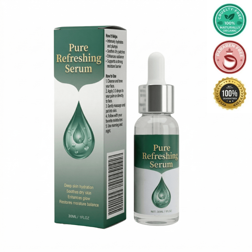Premium Pure Refreshing Serum in a bottle with green packaging, promoting hydration and glow.