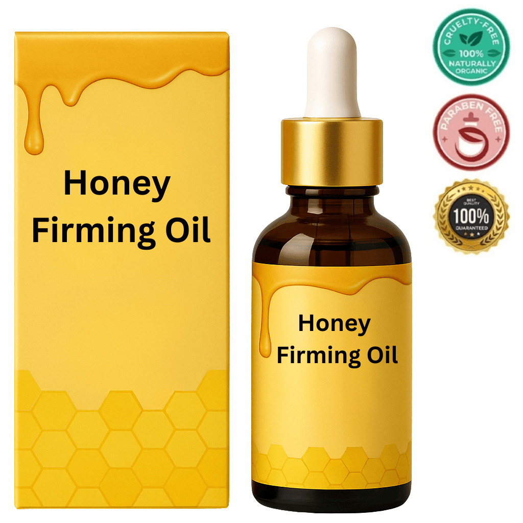 Honey Firming Oil bottle and box with a yellow design featuring skincare benefits and certifications.