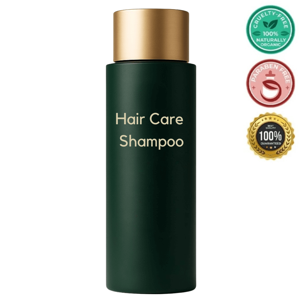 Hair Care Shampoo bottle with a sleek design, emphasizes shine and clean feel, cruelty-free and organic certifications.
