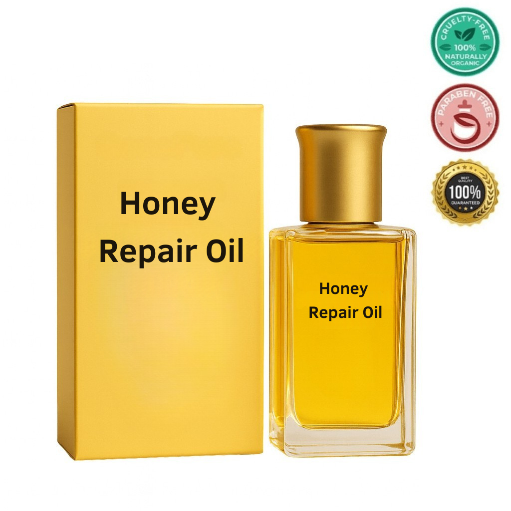 Honey Repair Oil bottle and box showcasing skin repair benefits and cruelty-free certification.