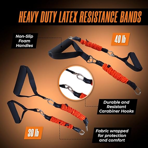 Heavy duty latex resistance bands with non-slip foam handles and durable carabiner hooks for versatile training.