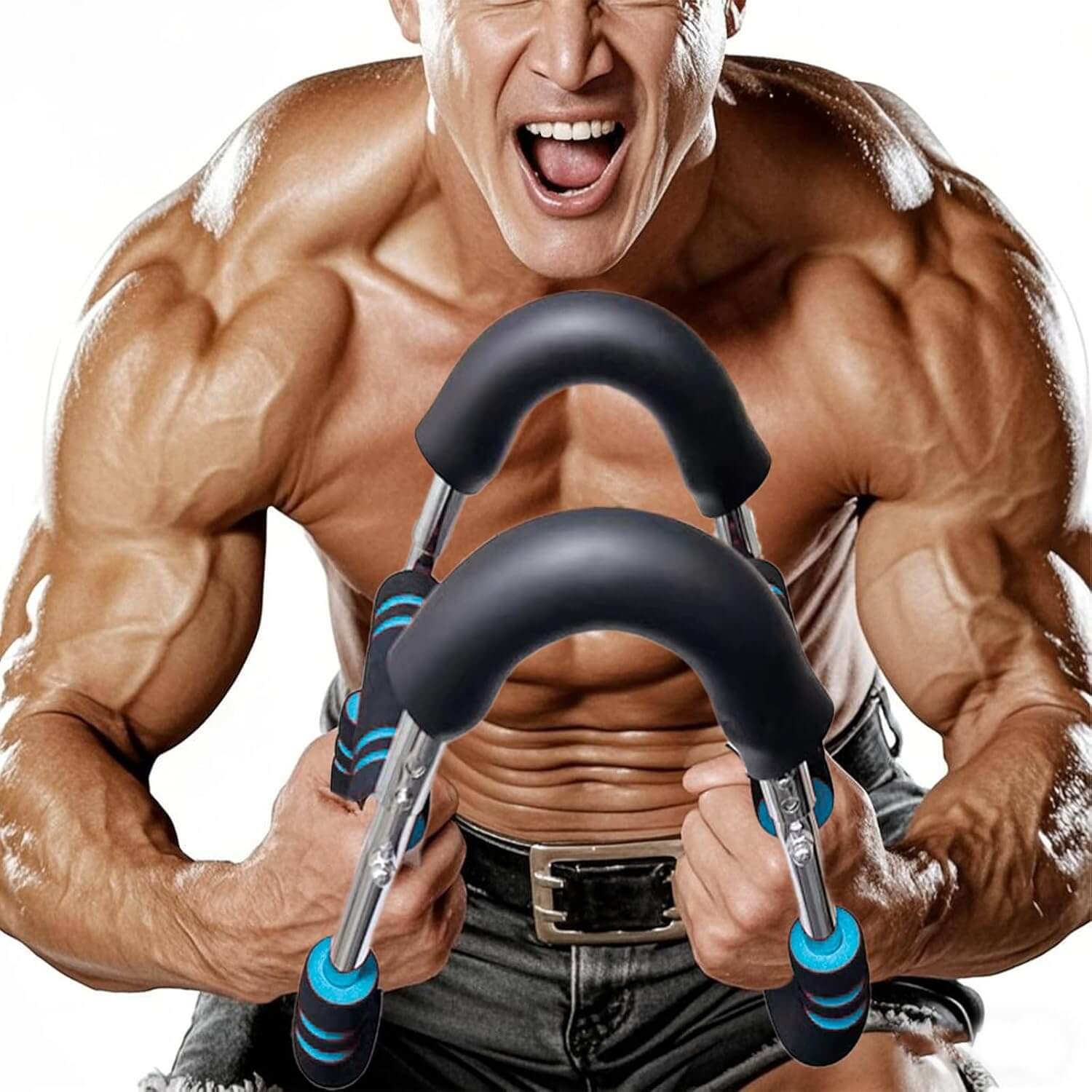 Muscular man demonstrating the Zentheca CoreFlex™ portable resistance trainer for upper-body strength.