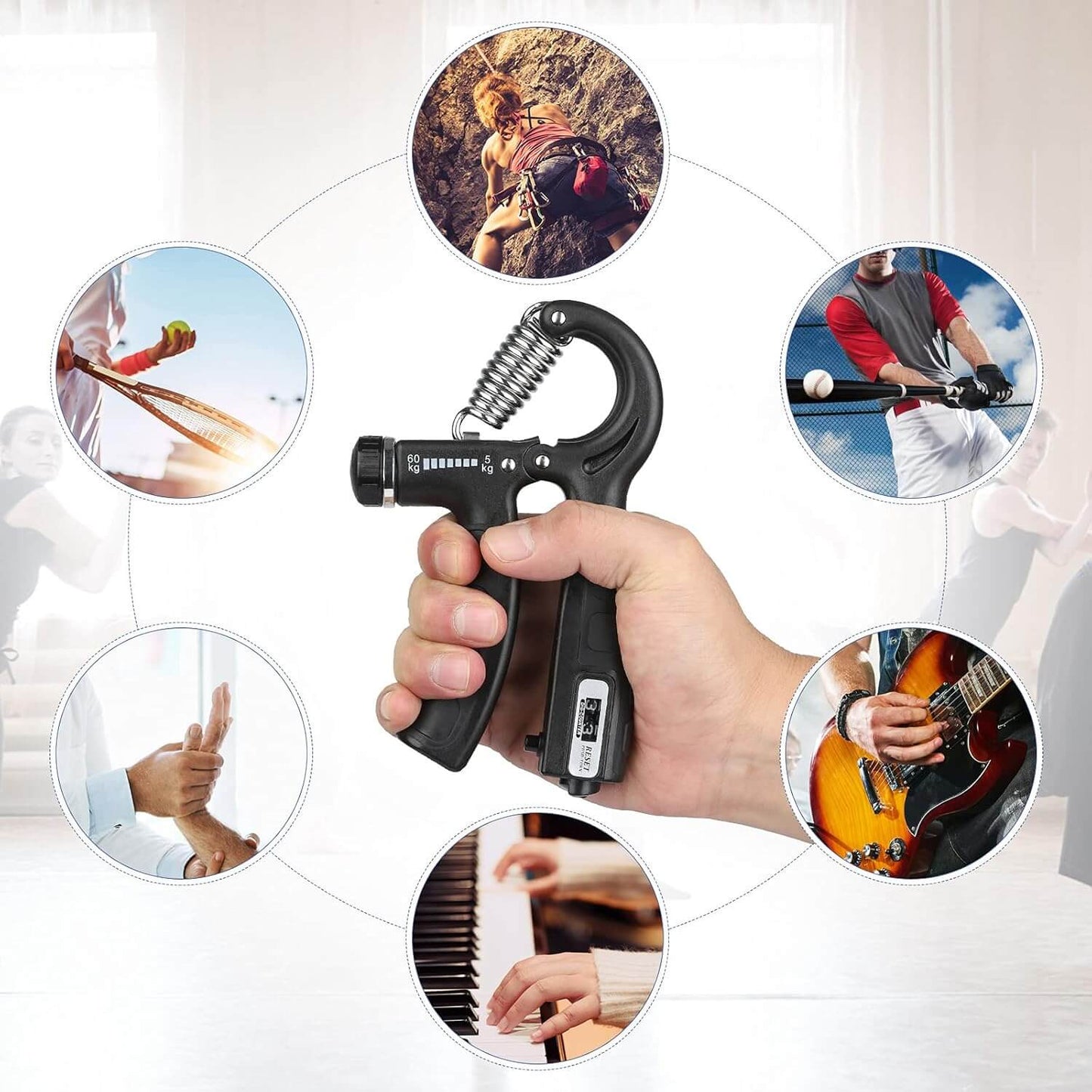 Hand holding the Zentheca GripTone™ adjustable resistance trainer for grip and strength enhancement.