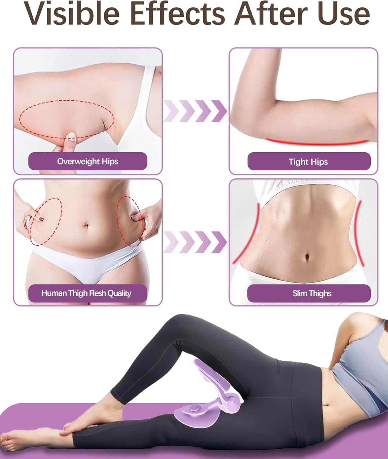 Visible effects after using Zentheca ThighTone™, showing results for tight hips, slim thighs, and pelvic floor strengthening.