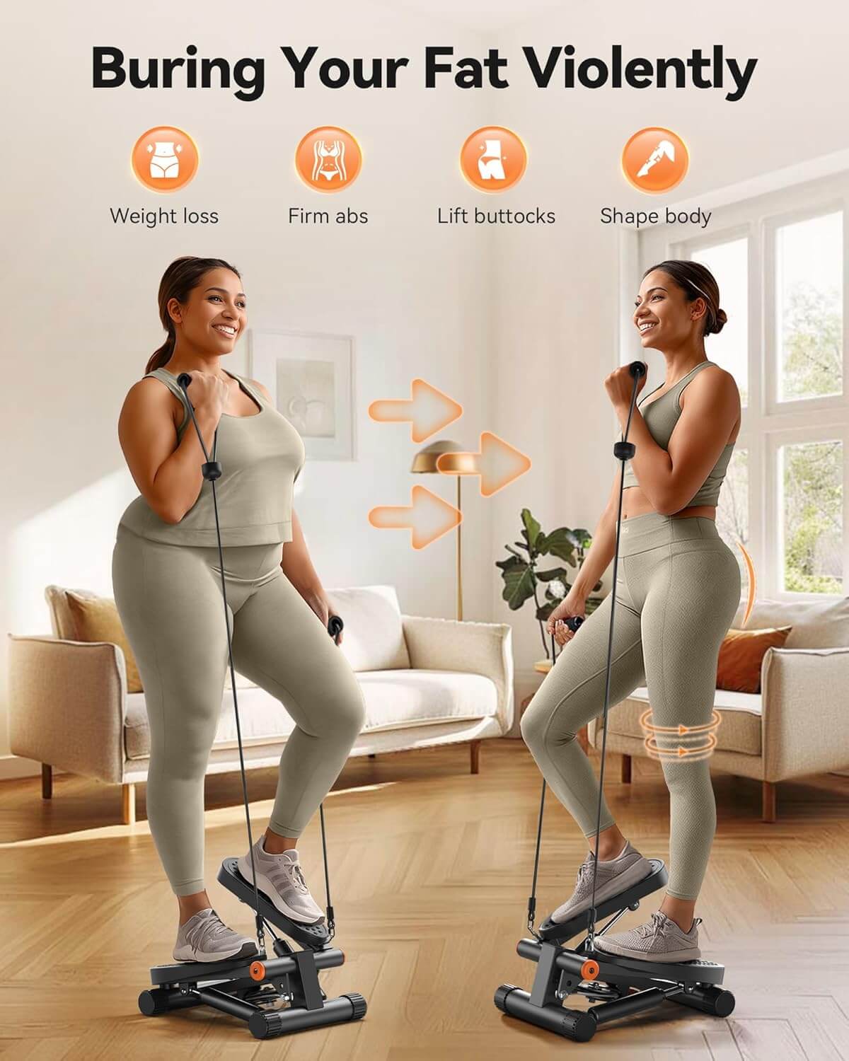Woman using the Zentheca StepForm™ hydraulic stepper for effective home workouts, focused on weight loss and fitness.