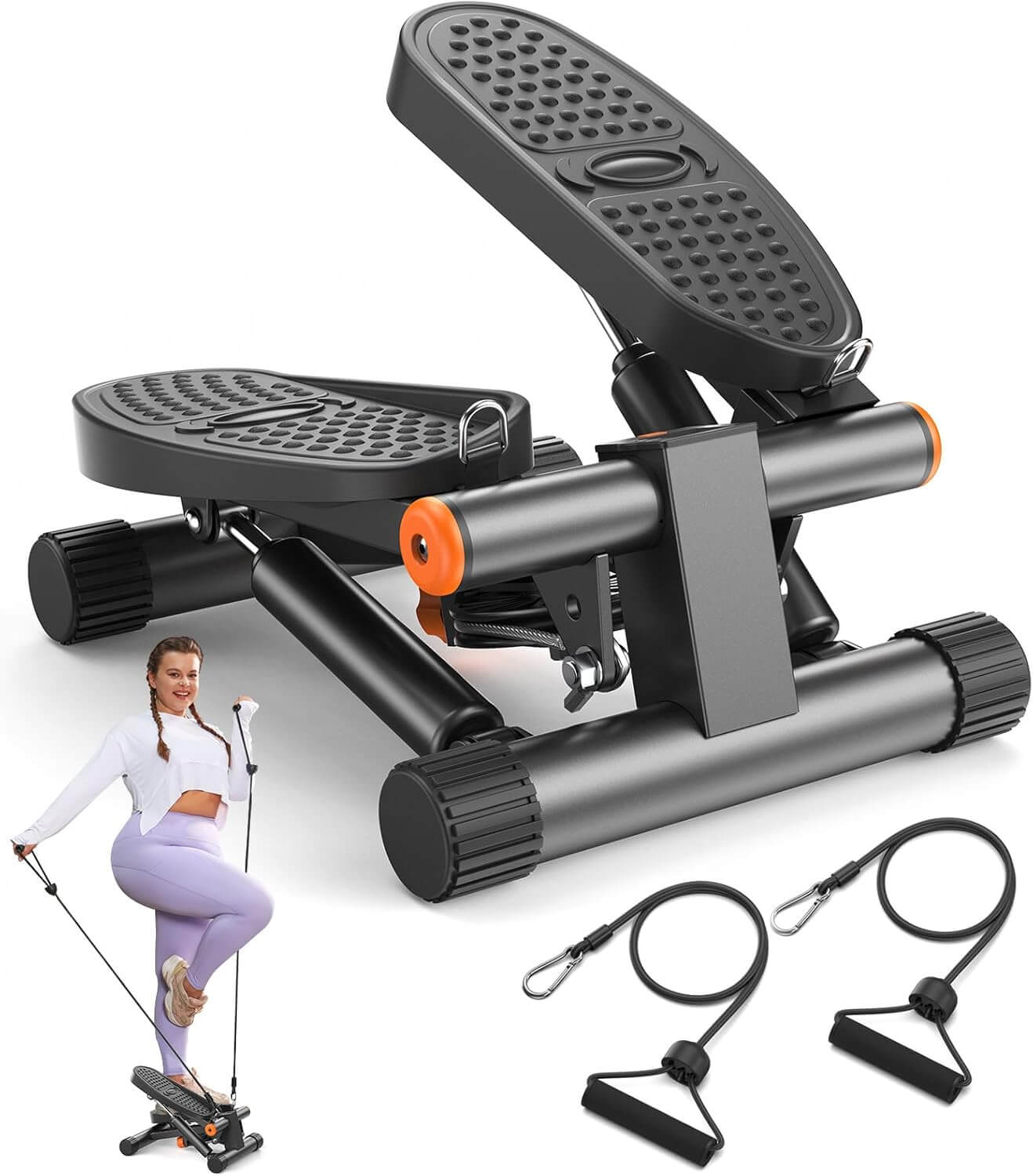 Zentheca StepForm™ compact hydraulic stepper with resistance bands for low-impact workouts at home or office.