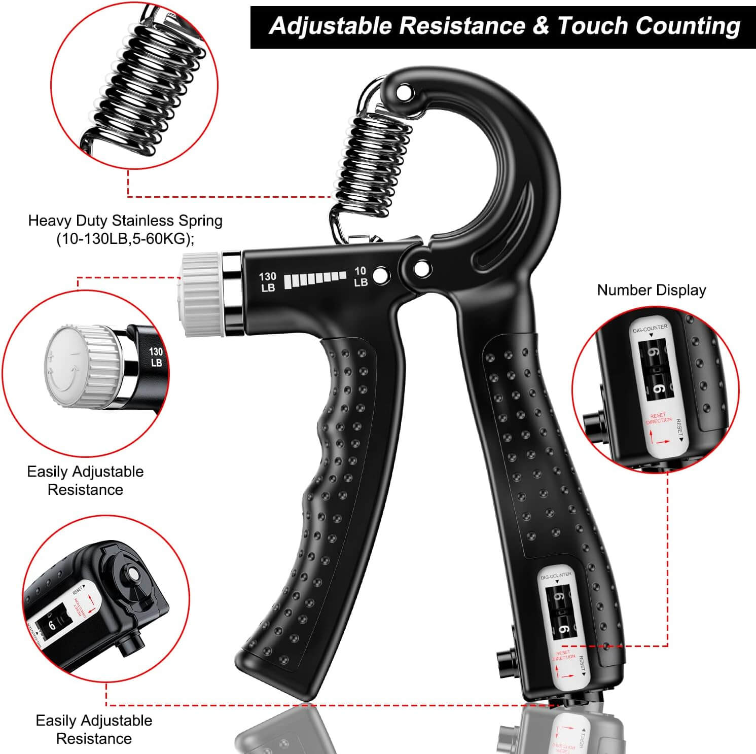 Zentheca GripTone™ with adjustable resistance and touch counting features for hand strength training.