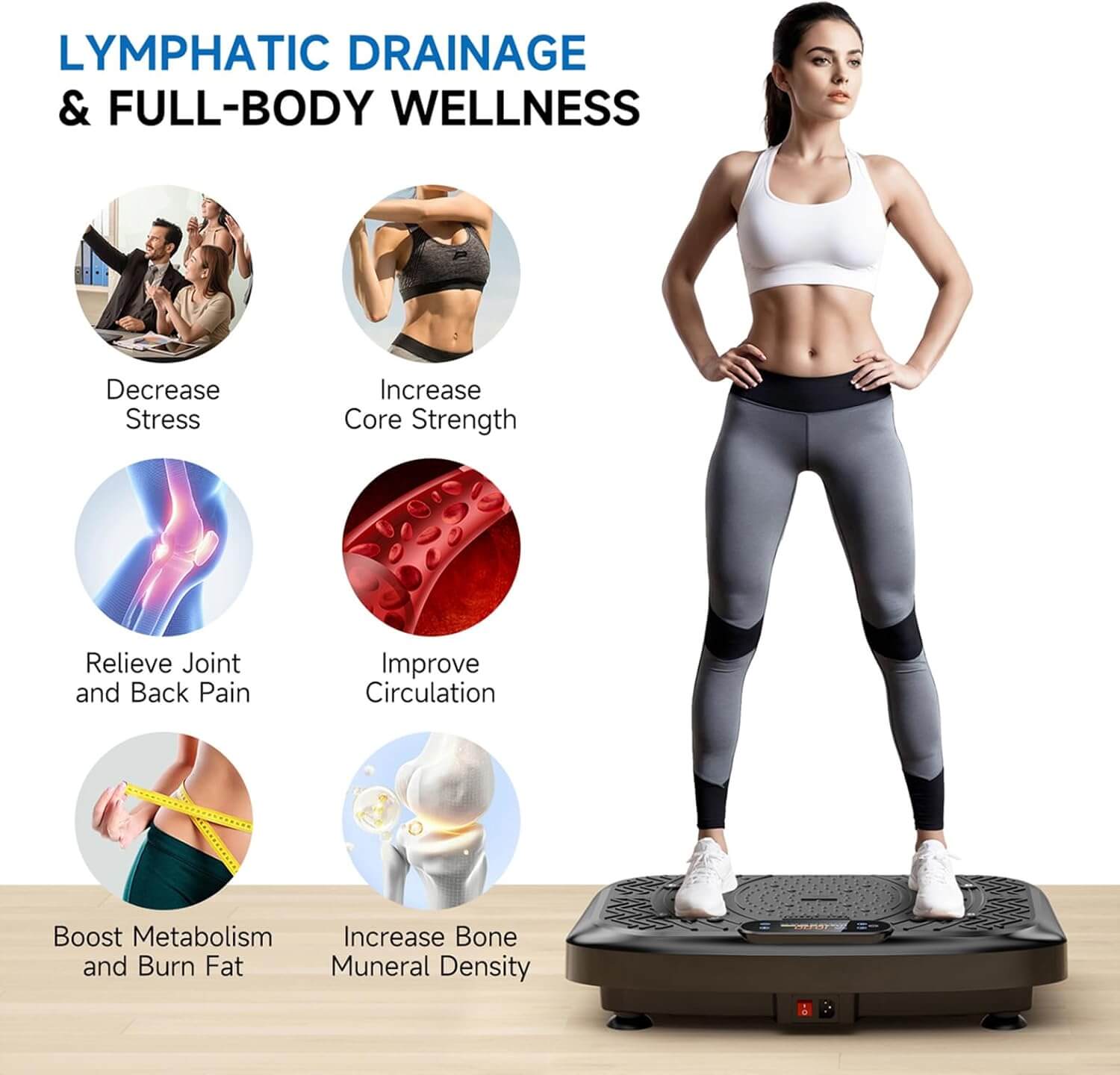 Zentheca VibraLuxe™ full-body vibration platform showcasing its benefits for lymphatic drainage and wellness.