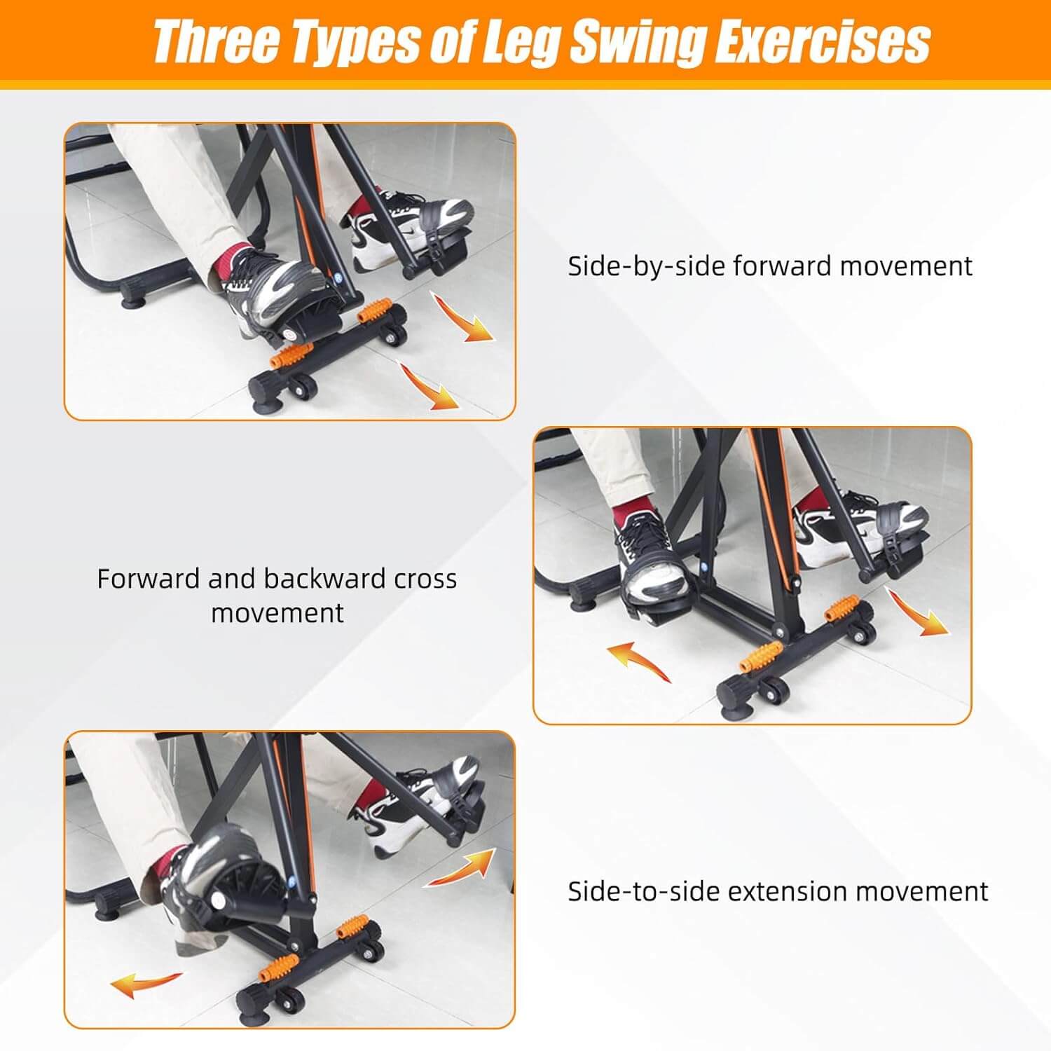 Zentheca FlowCycle™ showing three types of leg swing exercises for improved mobility and wellness.